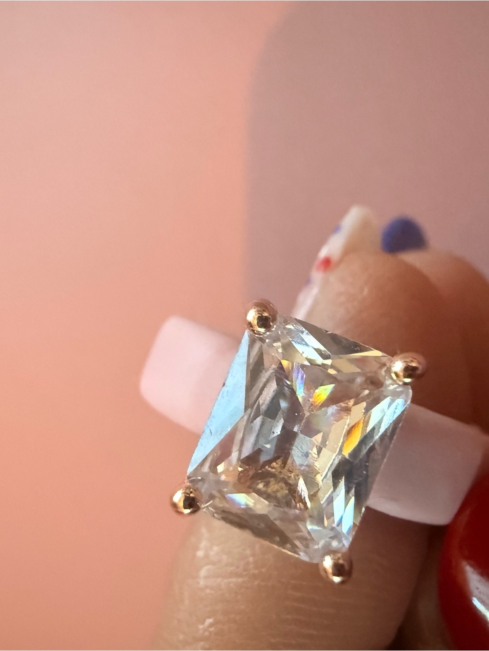 Elegant Gold-Prong Clear Stone Cocktail Ring with pink silicone band-Size 9 - Picture 2 of 4
